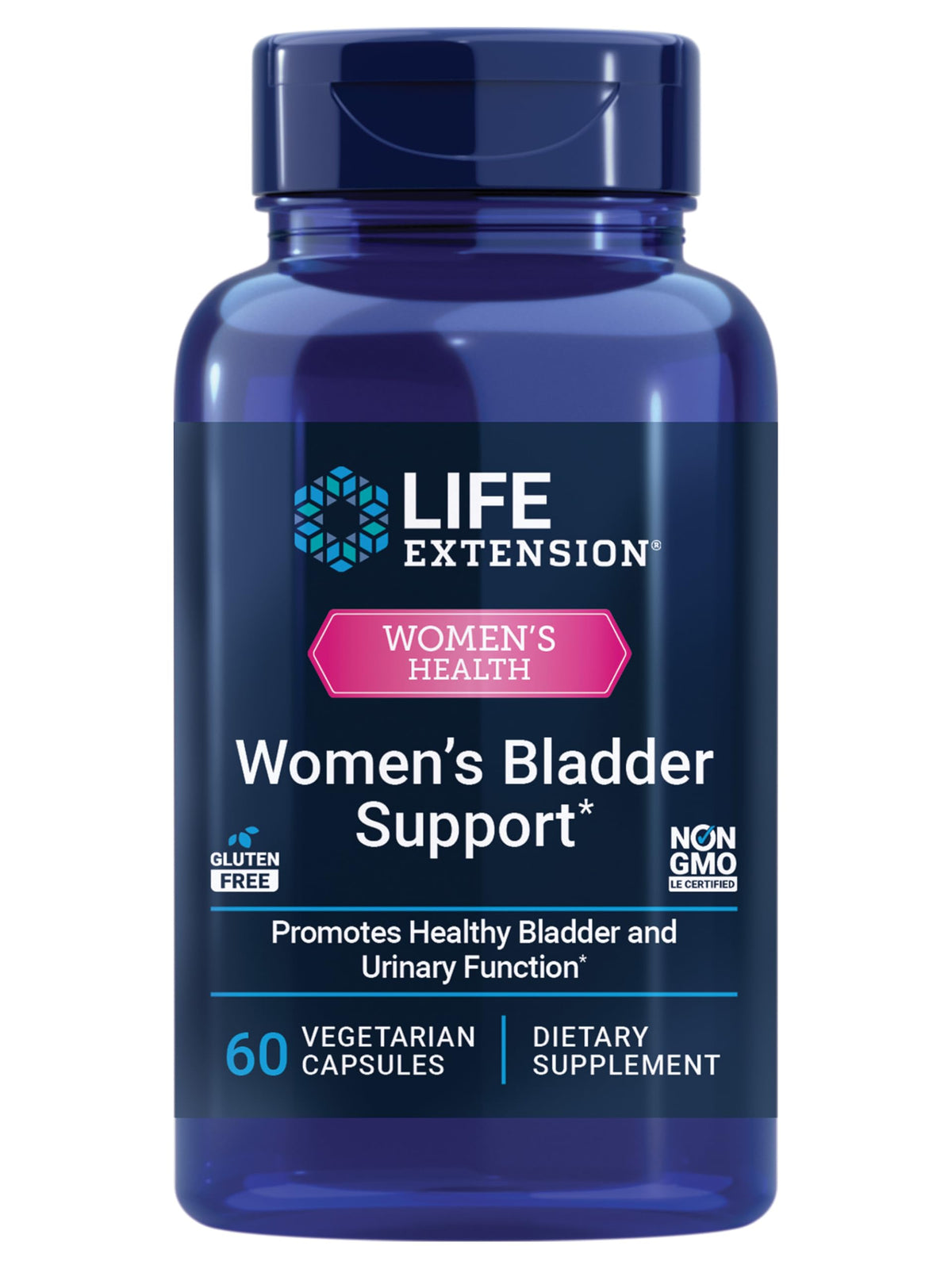Life Extension envase frontal mostrando soporte para la vejiga y beneficios
