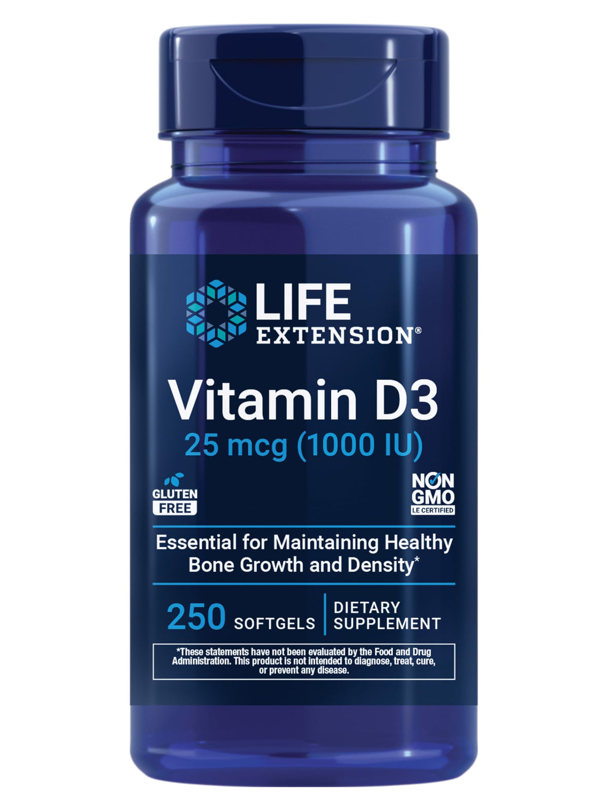 Life Extension envase frontal mostrando 250 softgels y beneficio de suministro prolongado