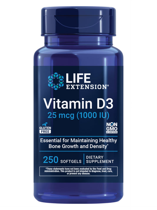 Life Extension envase frontal mostrando 250 softgels y beneficio de suministro prolongado
