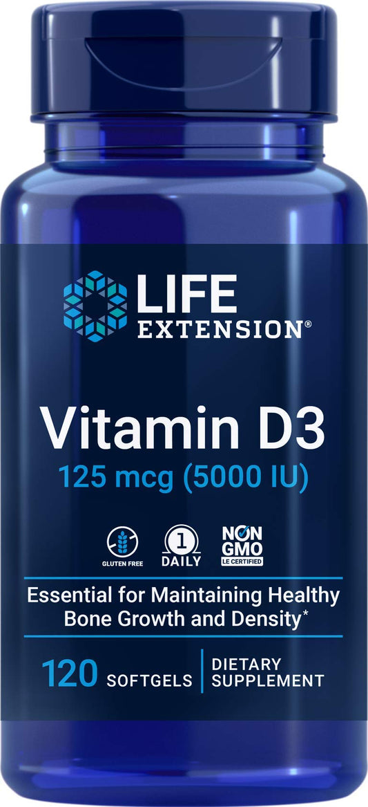 Life Extension frasco frontal mostrando 120 softgels y aporte 5000 IU beneficio conveniencia