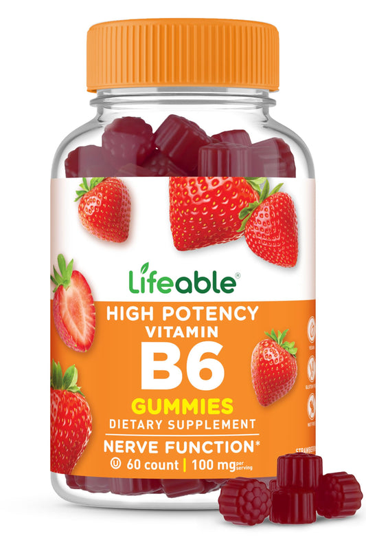 Lifeable envase frontal de gomitas B6 mostrando la etiqueta y beneficio práctico