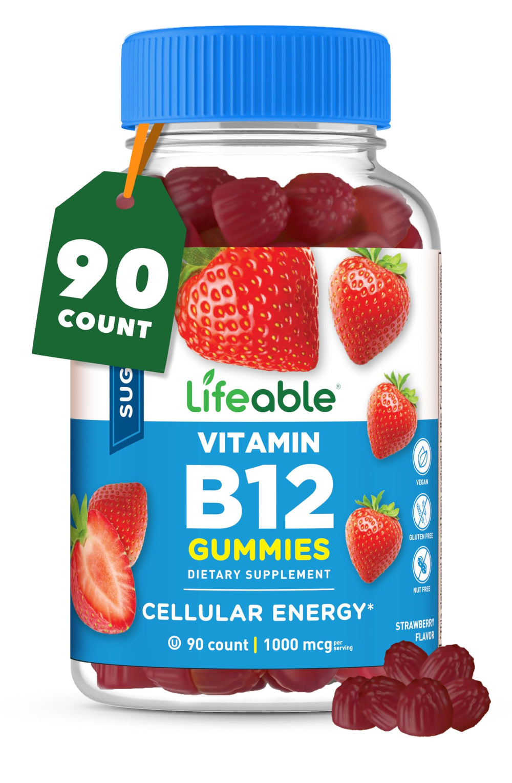 Lifeable frasco frontal mostrando 90 gominolas y beneficio de energía