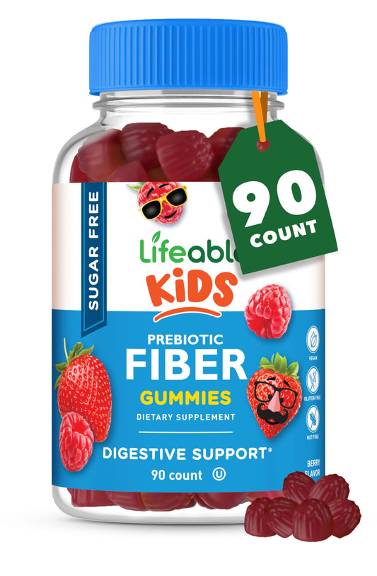 Lifeable frasco frente mostrando 90 gomitas y etiqueta clara, conveniente para familias