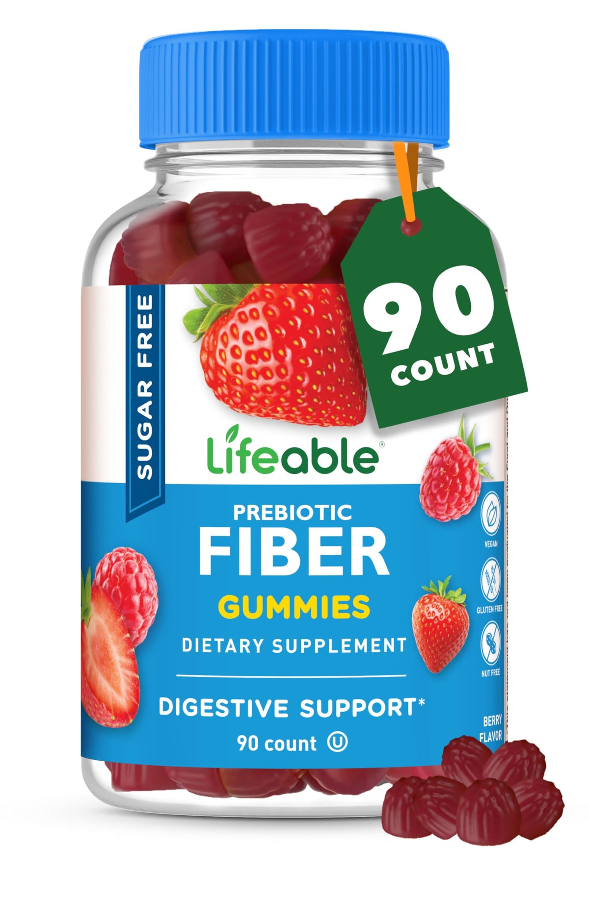 Lifeable frasco frontal mostrando 90 gomitas y beneficios visibles