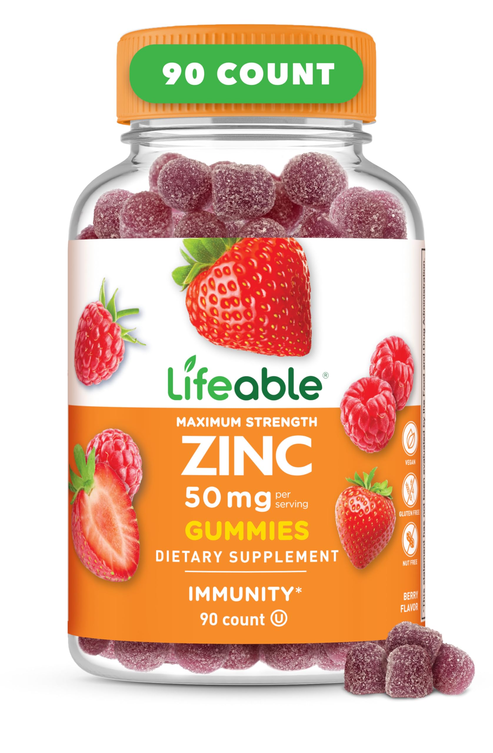 Lifeable frasco frontal de gomitas zinc 50 mg, presentación clara y práctica