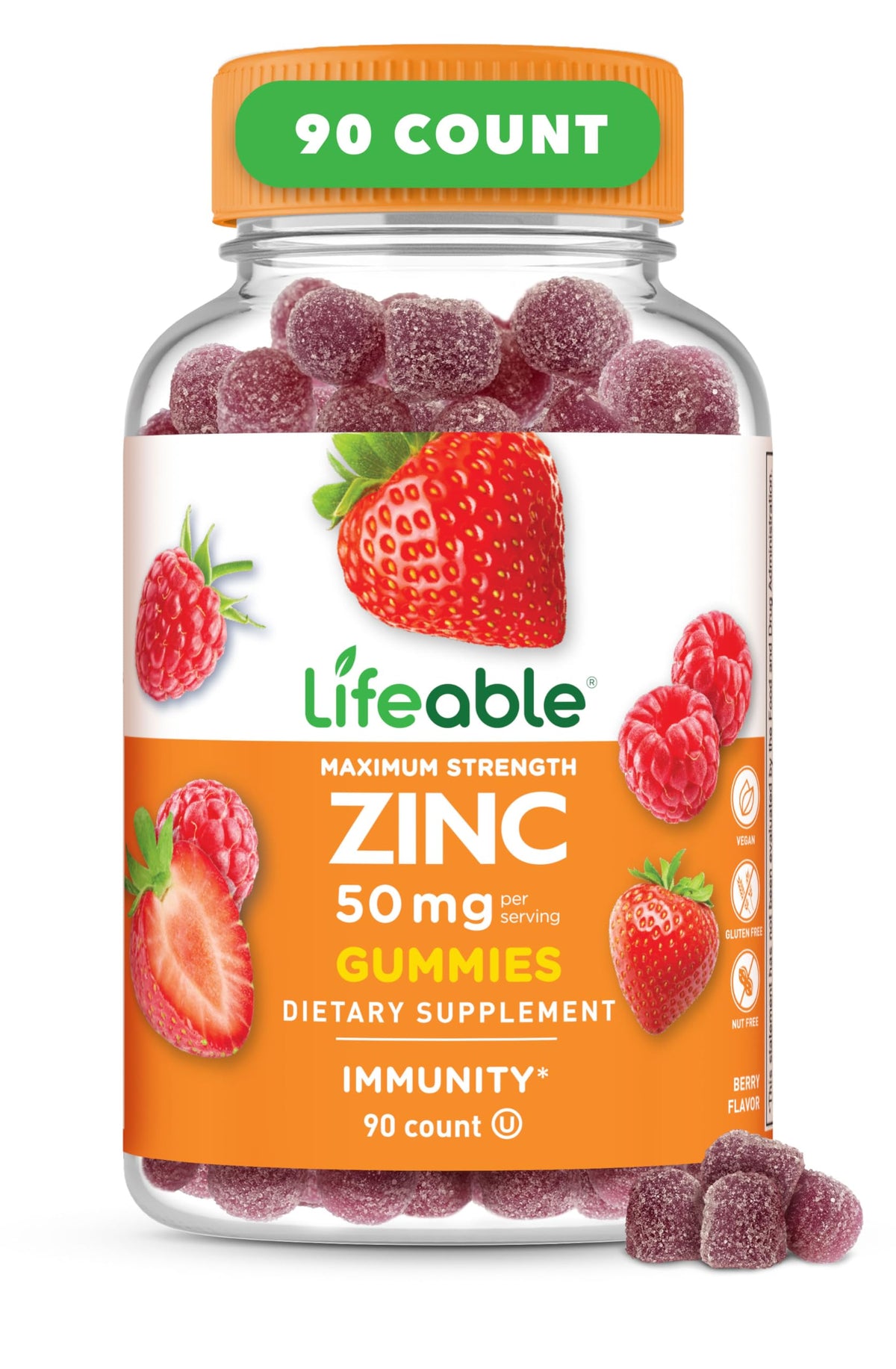 Lifeable frasco frontal de gomitas zinc 50 mg, presentación clara y práctica