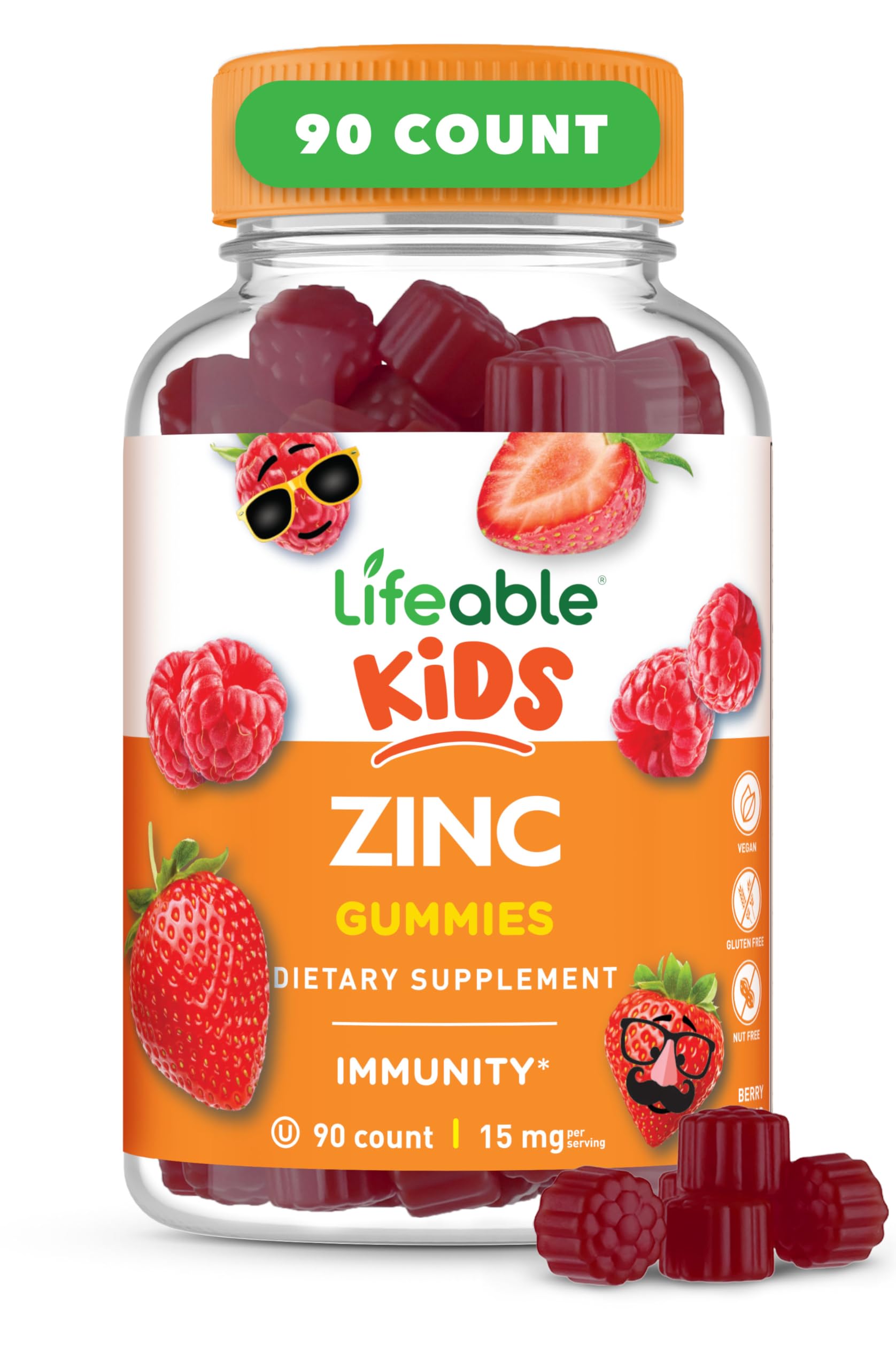 Envase frontal Lifeable Zinc Gummies mostrando 90 gominolas y beneficios claros