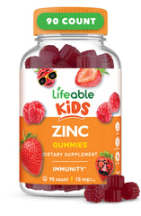 Envase frontal Lifeable Zinc Gummies mostrando 90 gominolas y beneficios claros