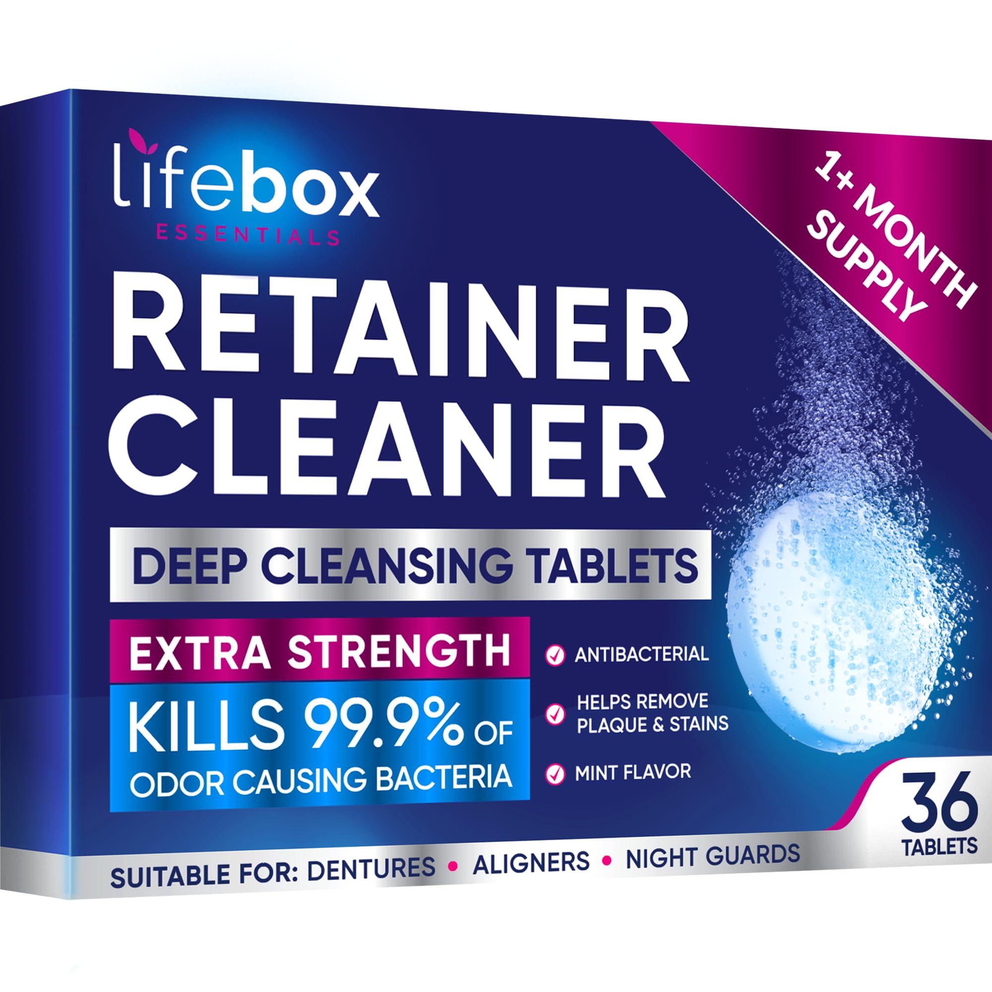 Lifebox Essentials empaque frontal mostrando 36 pastillas y sabor menta, limpieza confiable