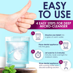 Retenedor en vaso con tableta Lifebox Essentials en remojo, limpieza eficaz en 3 minutos