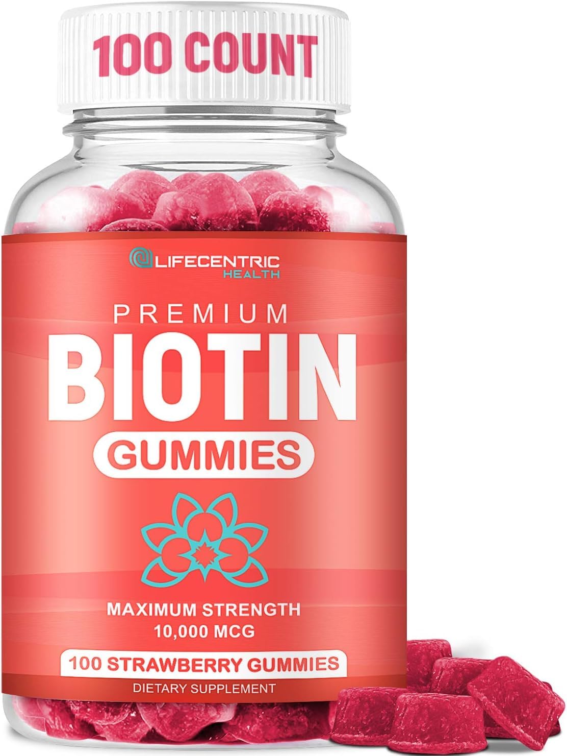 LifeCentric Health envase frontal con gomitas de biotina, visualización clara del producto