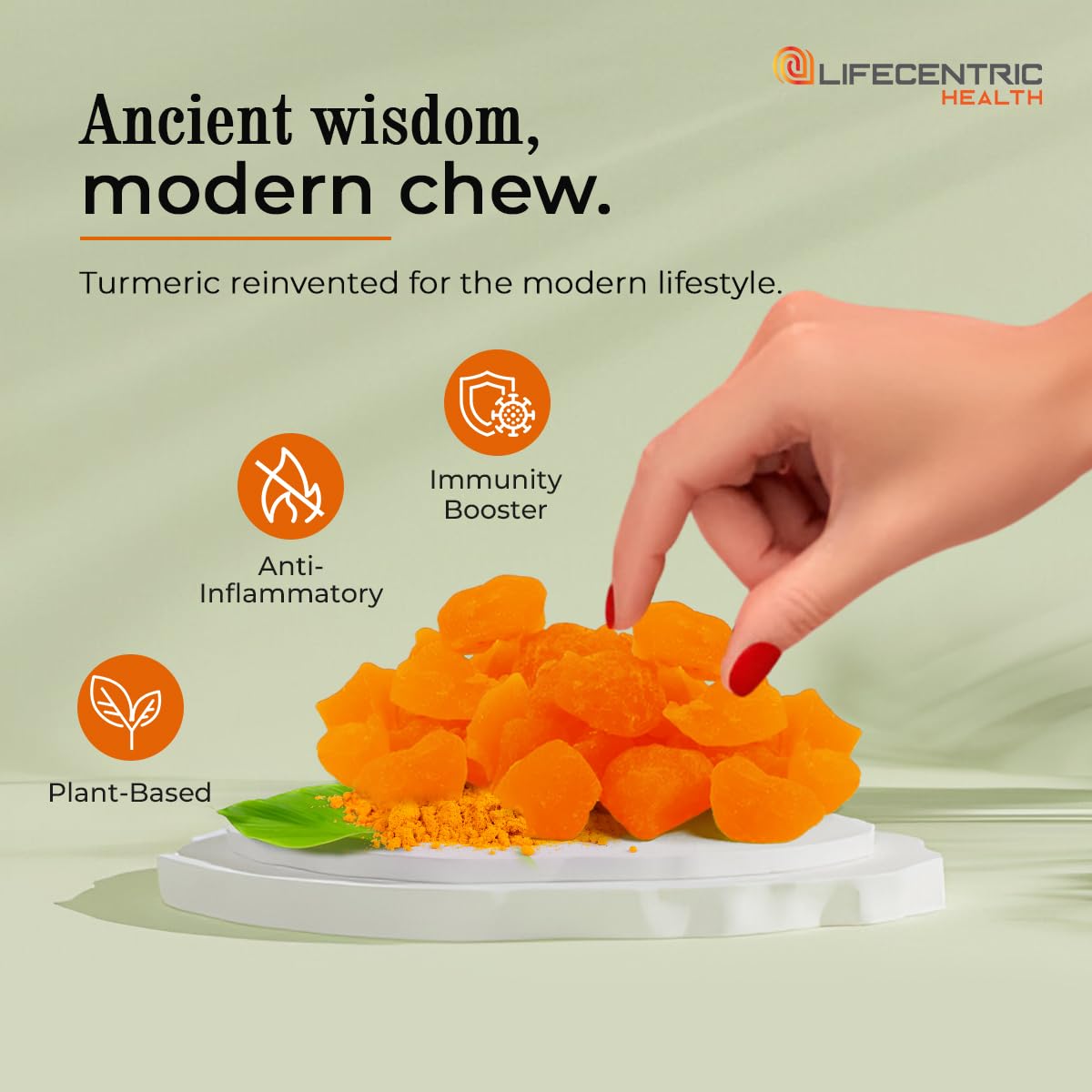 LifeCentric Health gomitas sobre mesa de cocina en ambiente familiar, uso práctico diario