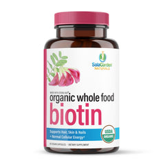LifeGarden Naturals frasco delantero mostrando biotina orgánica, confianza en calidad
