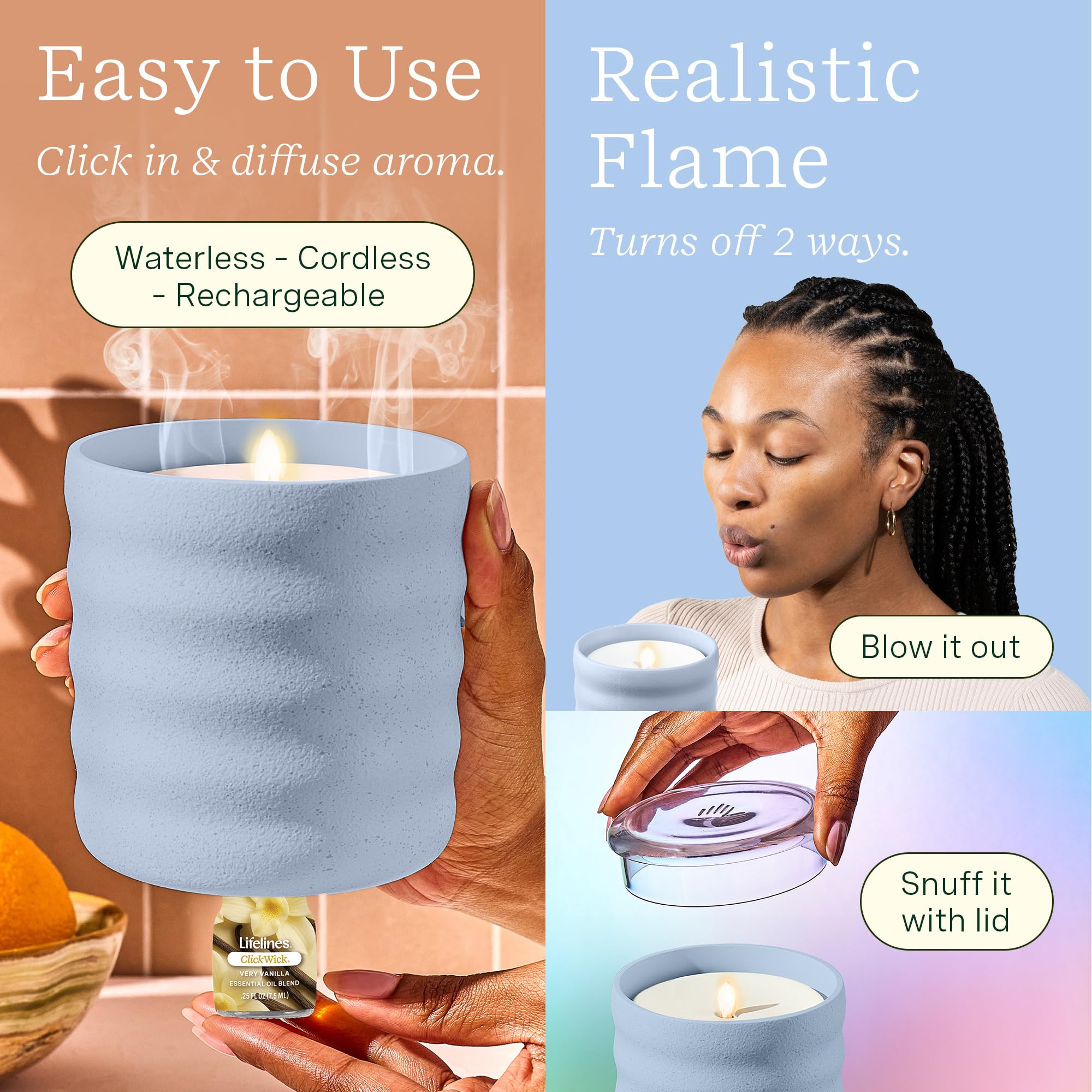 Lifelines vela flameless encendida en uso, ambiente cálido seguro