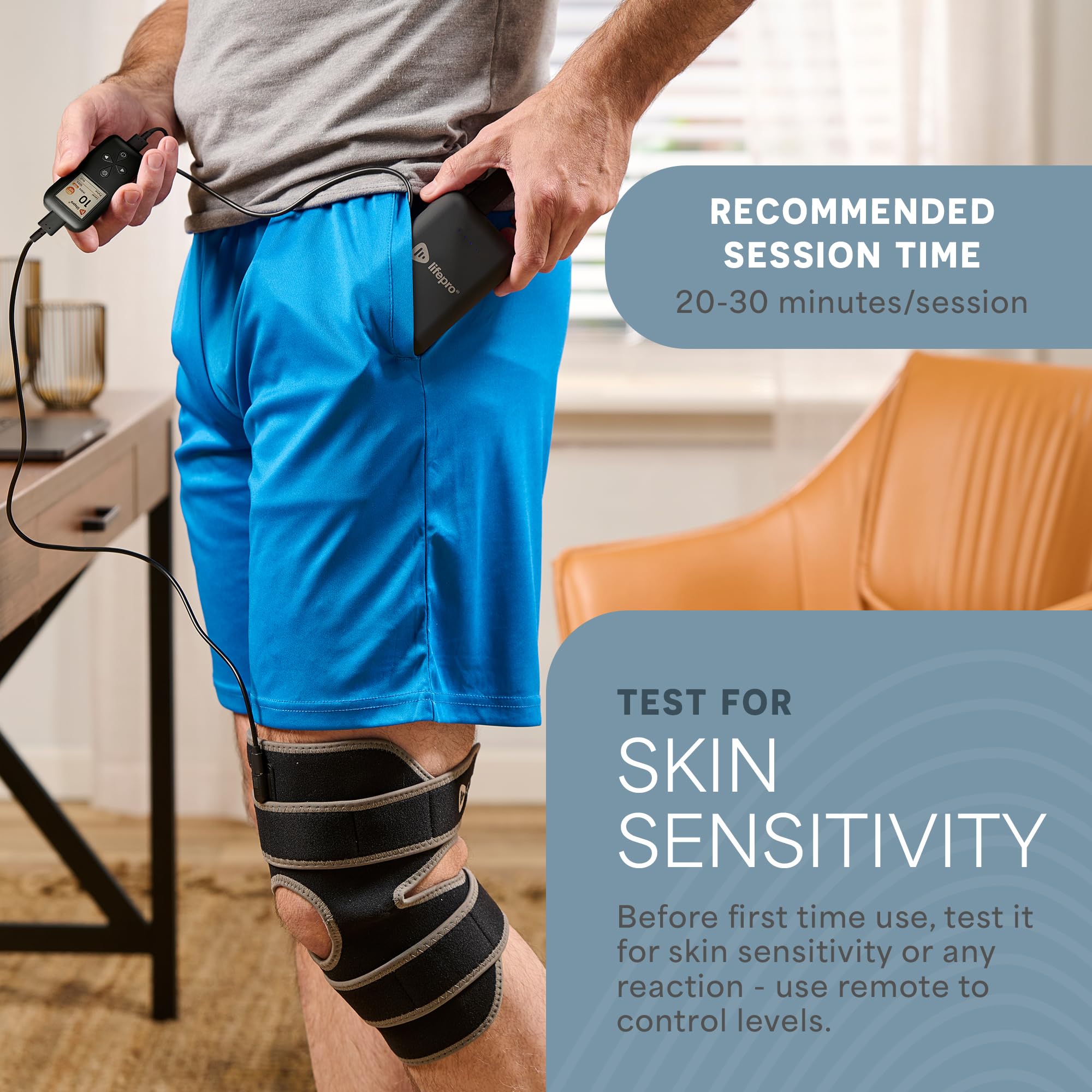 LifePro BioRecover colocado en rodilla demostrando terapia manos libres