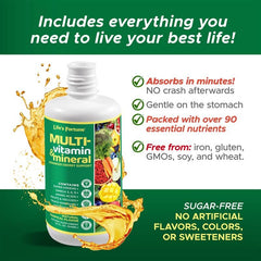 Life's Fortune botella abierta con taza medidora para dosis precisa y consumo cómodo