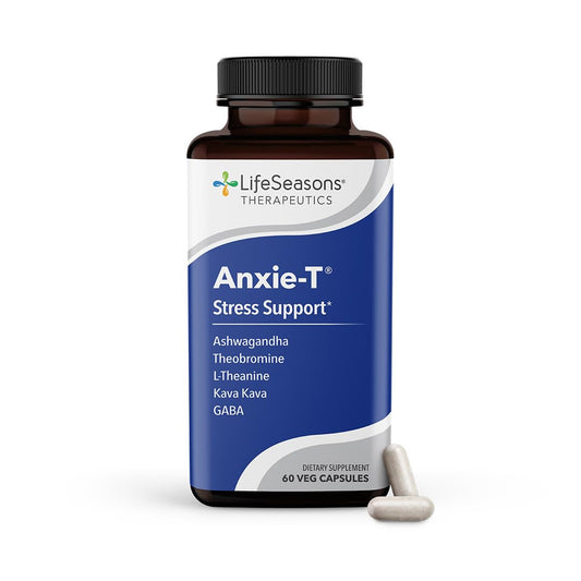 LifeSeasons Anxie-T botella frontal mostrando etiqueta y beneficios