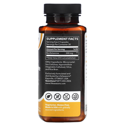 LifeSeasons Benfotiamina cápsulas, enfoque en cápsulas para apoyo circulatorio y energía.