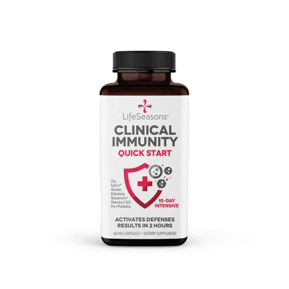 LifeSeasons Clinical Immunity envase frontal mostrando la etiqueta y beneficios principales