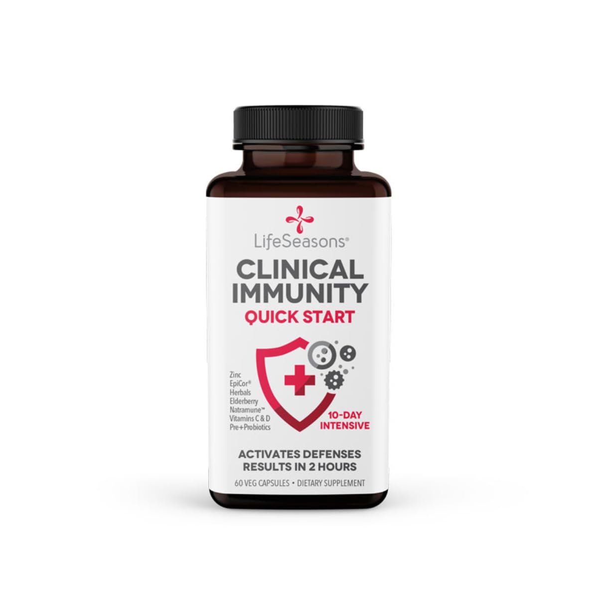 LifeSeasons Clinical Immunity envase frontal mostrando la etiqueta y beneficios principales
