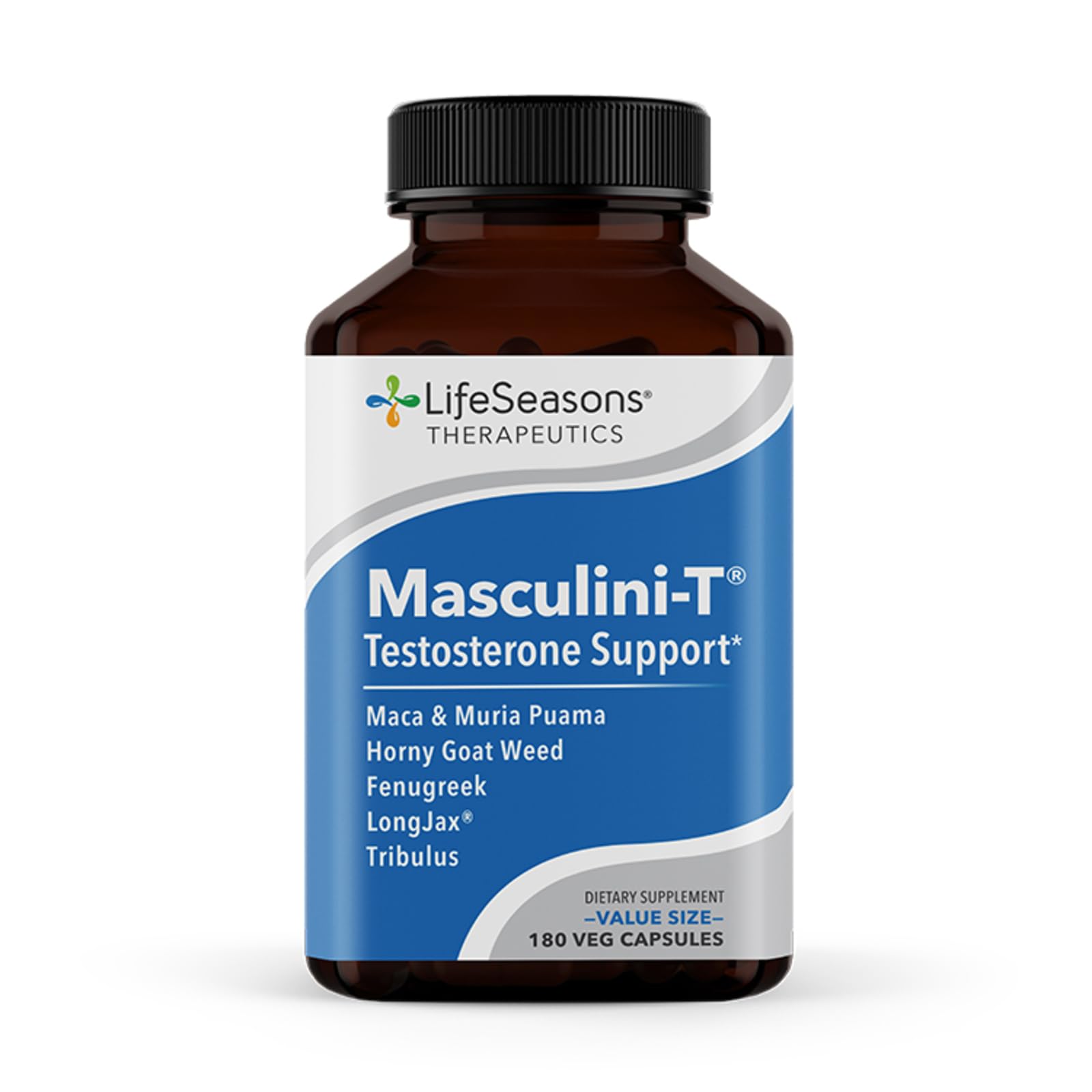 LifeSeasons Masculini-T, botella de cápsulas para apoyar energía y vitalidad diaria.