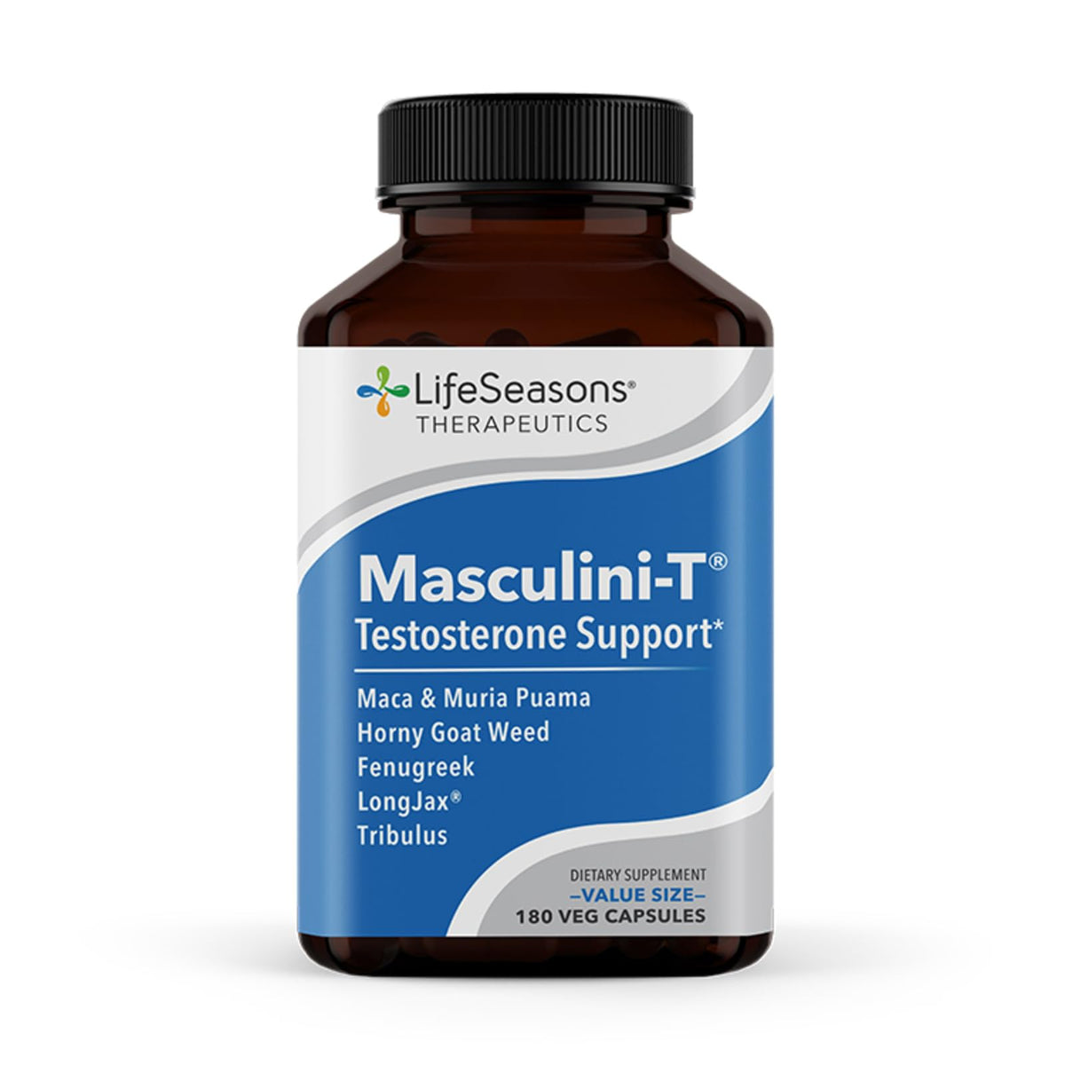 LifeSeasons Masculini-T, botella de cápsulas para apoyar energía y vitalidad diaria.
