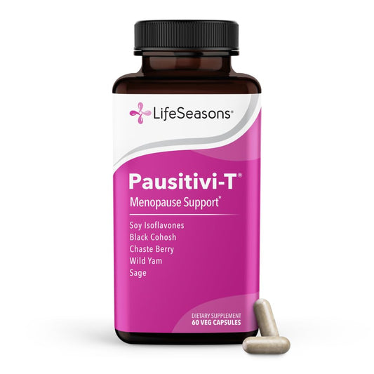 LifeSeasons Pausitivi-T frente del empaque mostrando ingredientes y beneficios