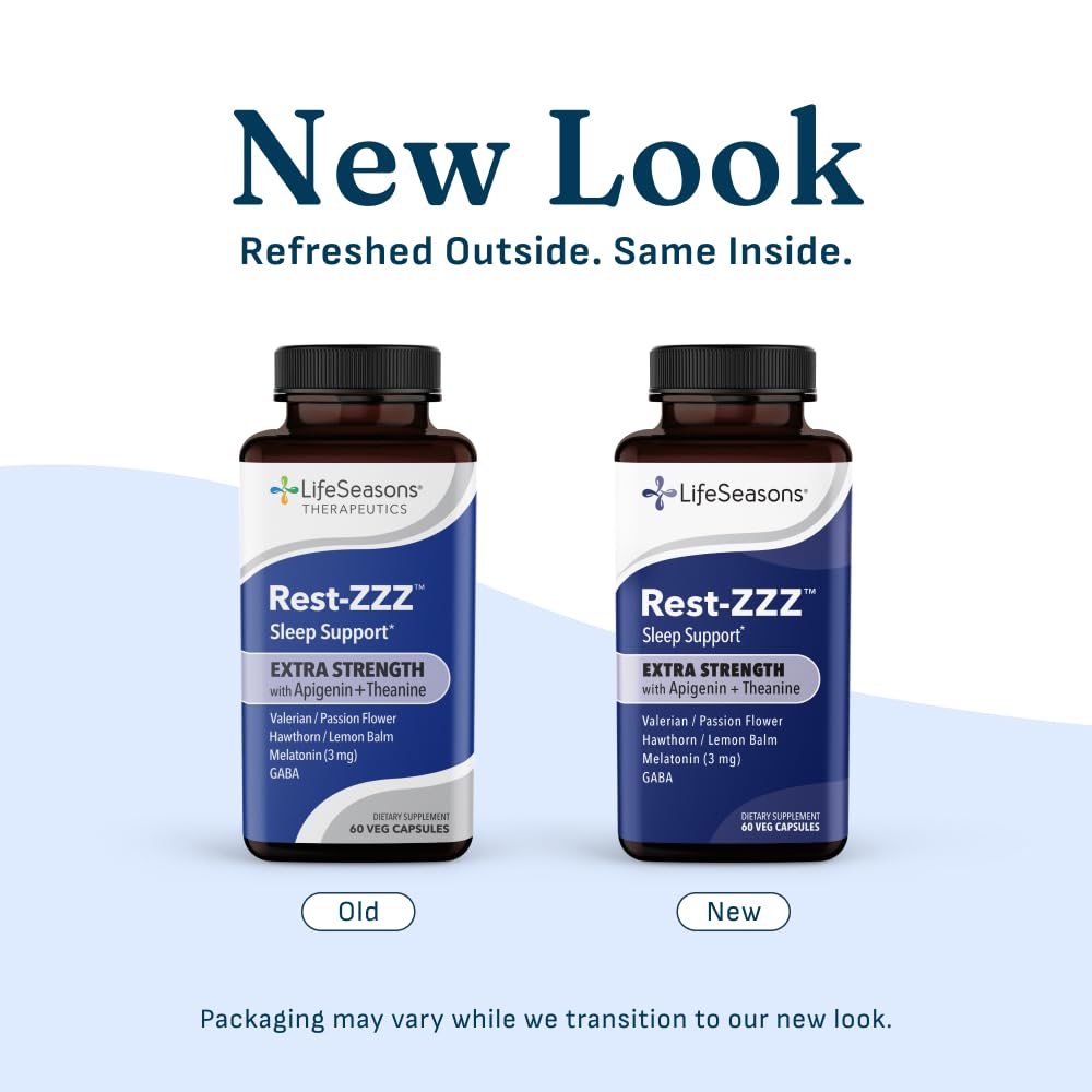LifeSeasons botella Rest‑ZZZ junto a objetos cotidianos, presenta escala y cantidad