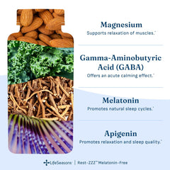 LifeSeasons etiqueta de Rest-ZZZ con ingredientes para calmar el sistema nervioso
