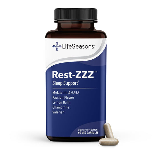 LifeSeasons frasco frontal de Rest-ZZZ mostrando envase y cantidad, beneficio conveniencia