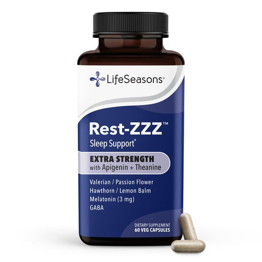 LifeSeasons envase Rest‑ZZZ Extra Strength frente y legible, transmite confianza