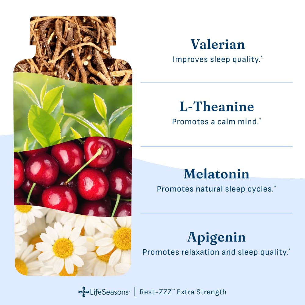LifeSeasons etiqueta de ingredientes Rest‑ZZZ, muestra mezcla botánica y dosis