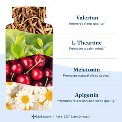 LifeSeasons etiqueta de ingredientes Rest‑ZZZ, muestra mezcla botánica y dosis