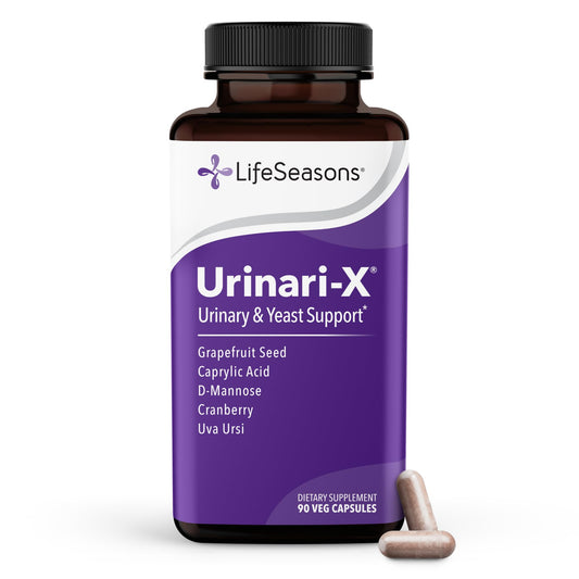 LifeSeasons Urinari‑X botella frontal mostrando etiqueta y beneficios
