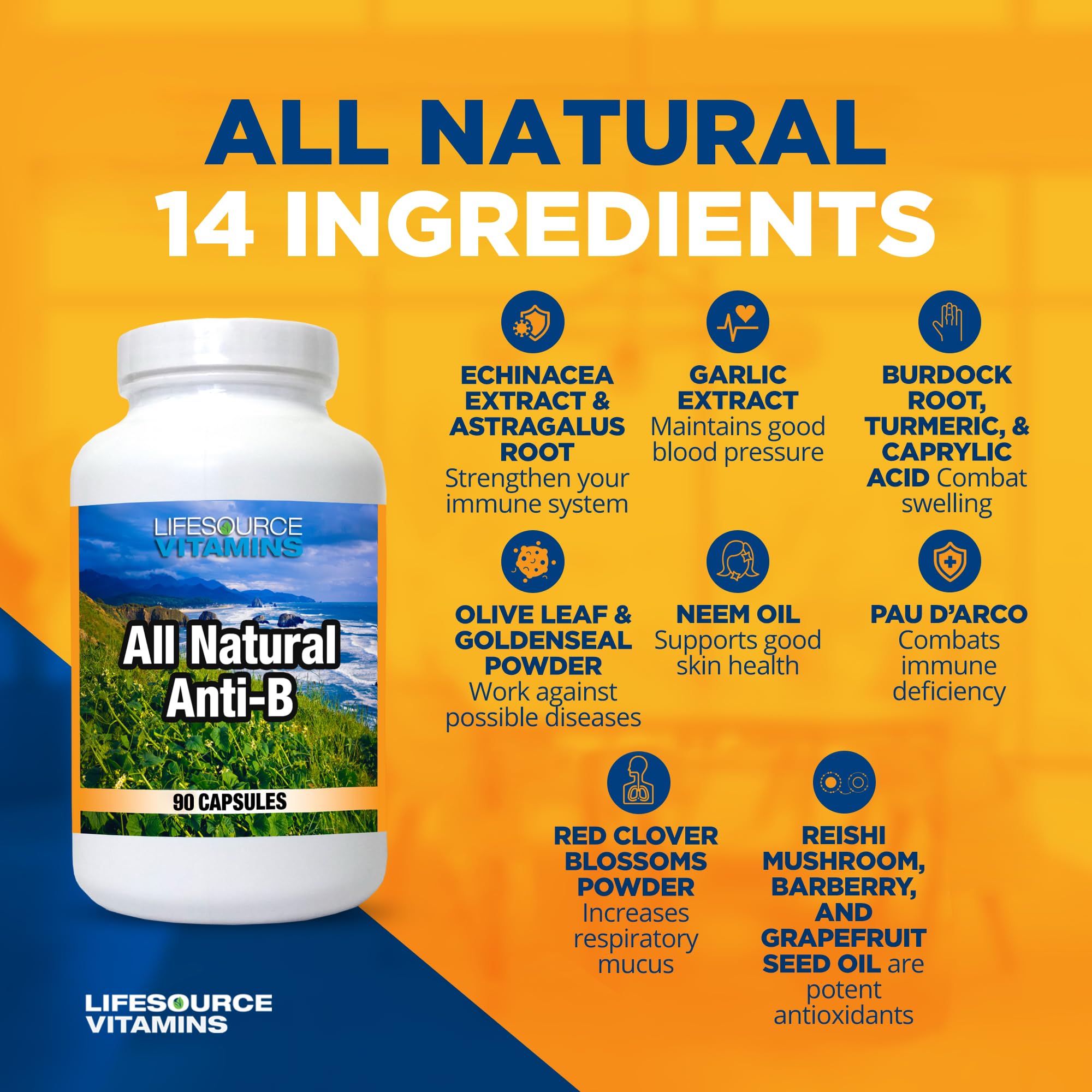 LifeSource Vitamins ingredientes dispuestos: echinacea ajo y reishi resaltando aporte botánico