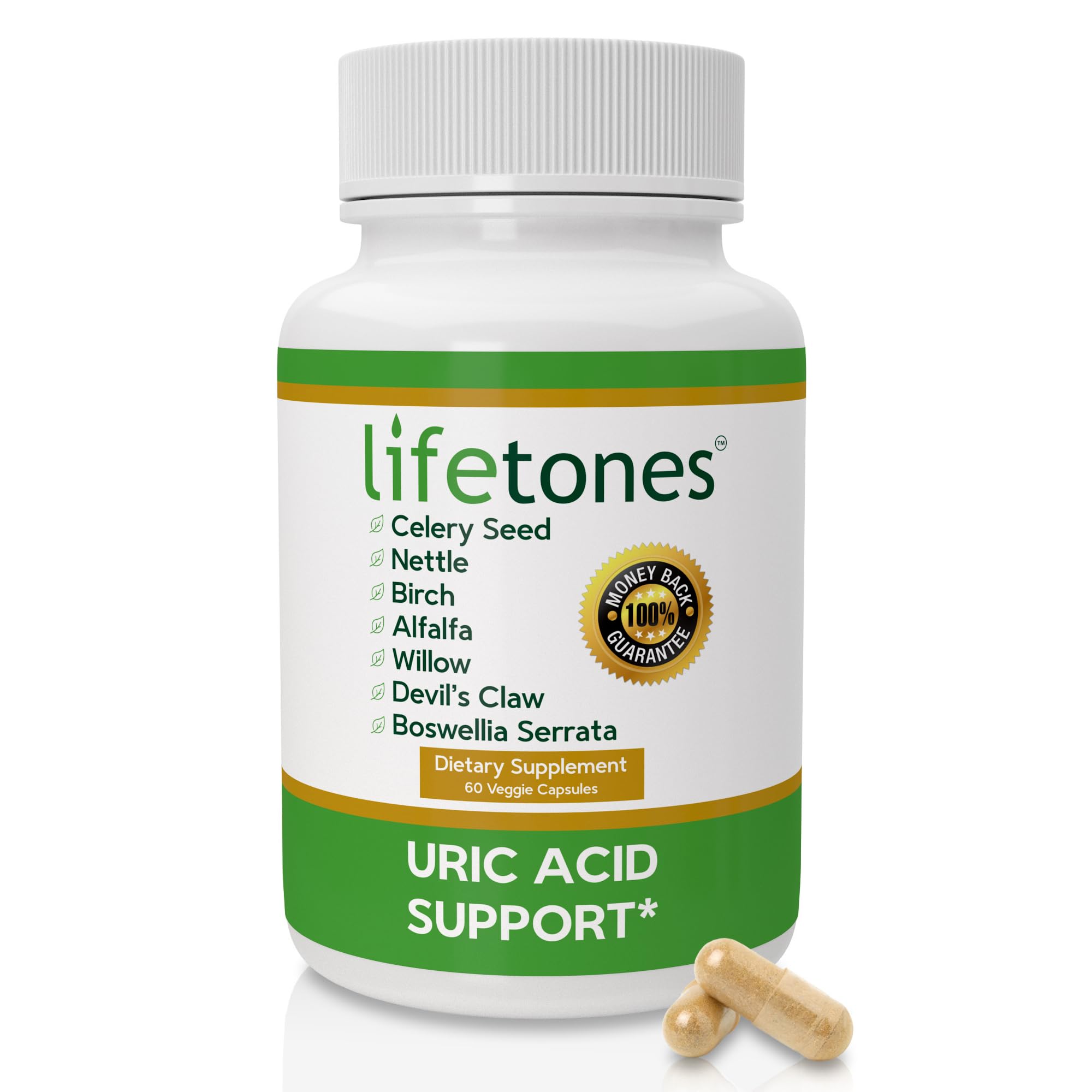 Life Tones frasco frontal mostrando 60 cápsulas y ventaja vegana