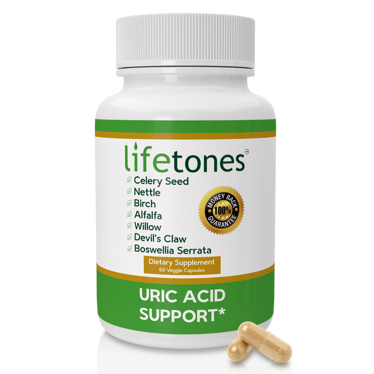 Life Tones frasco frontal mostrando 60 cápsulas y ventaja vegana