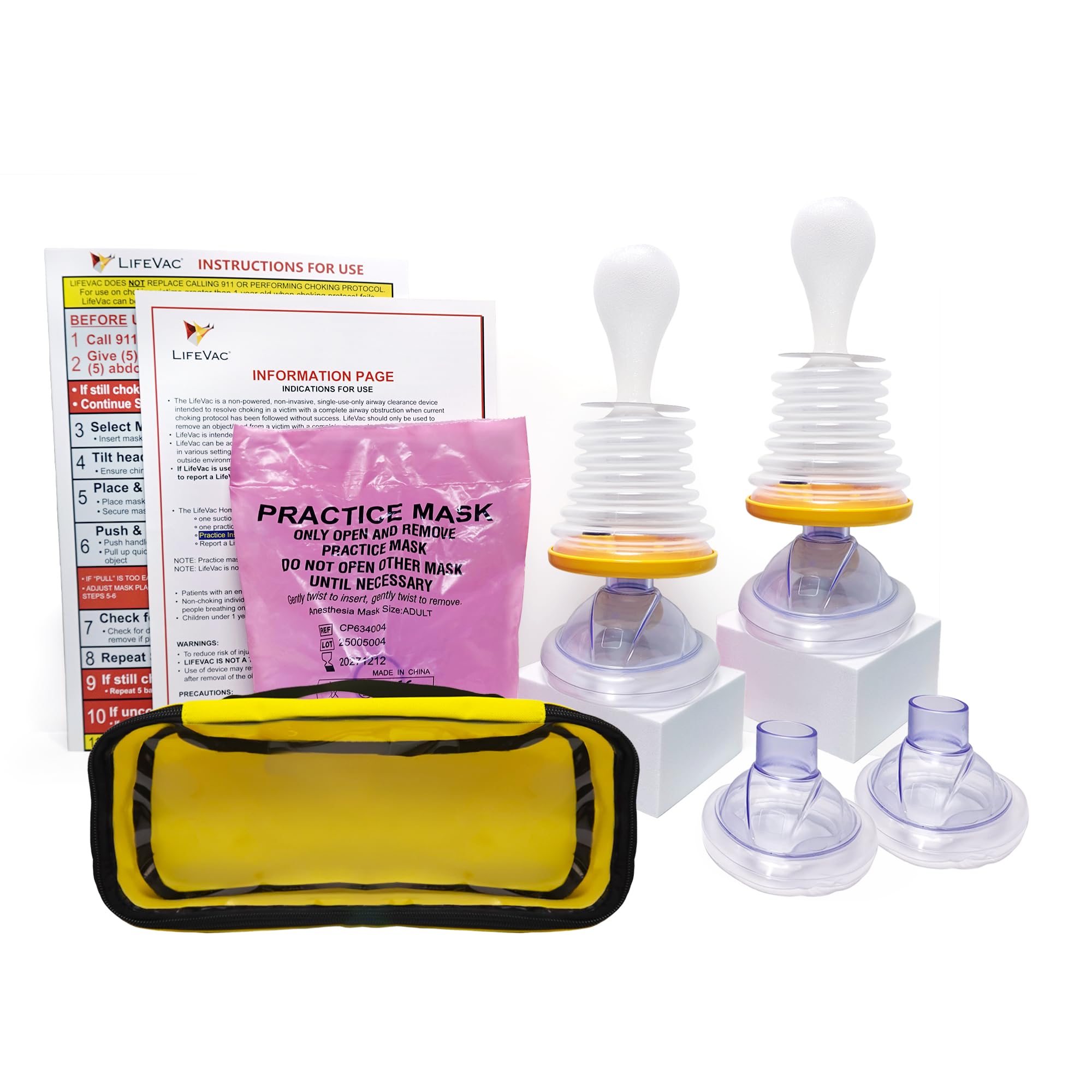 LifeVac kit frontal mostrando empaques y componentes, protección rápida