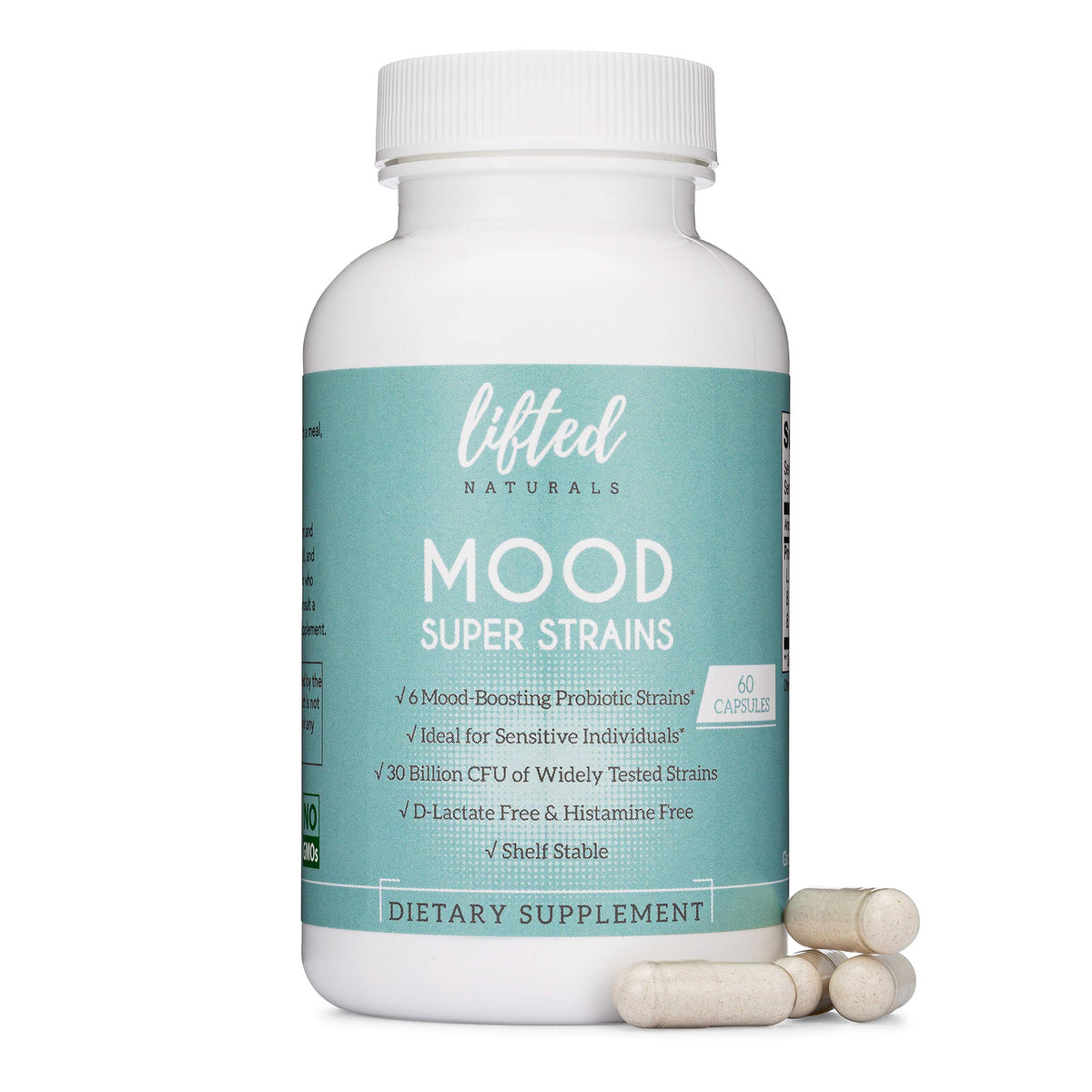 Lifted Naturals frasco frontal mostrando etiqueta y beneficio de apoyo digestivo