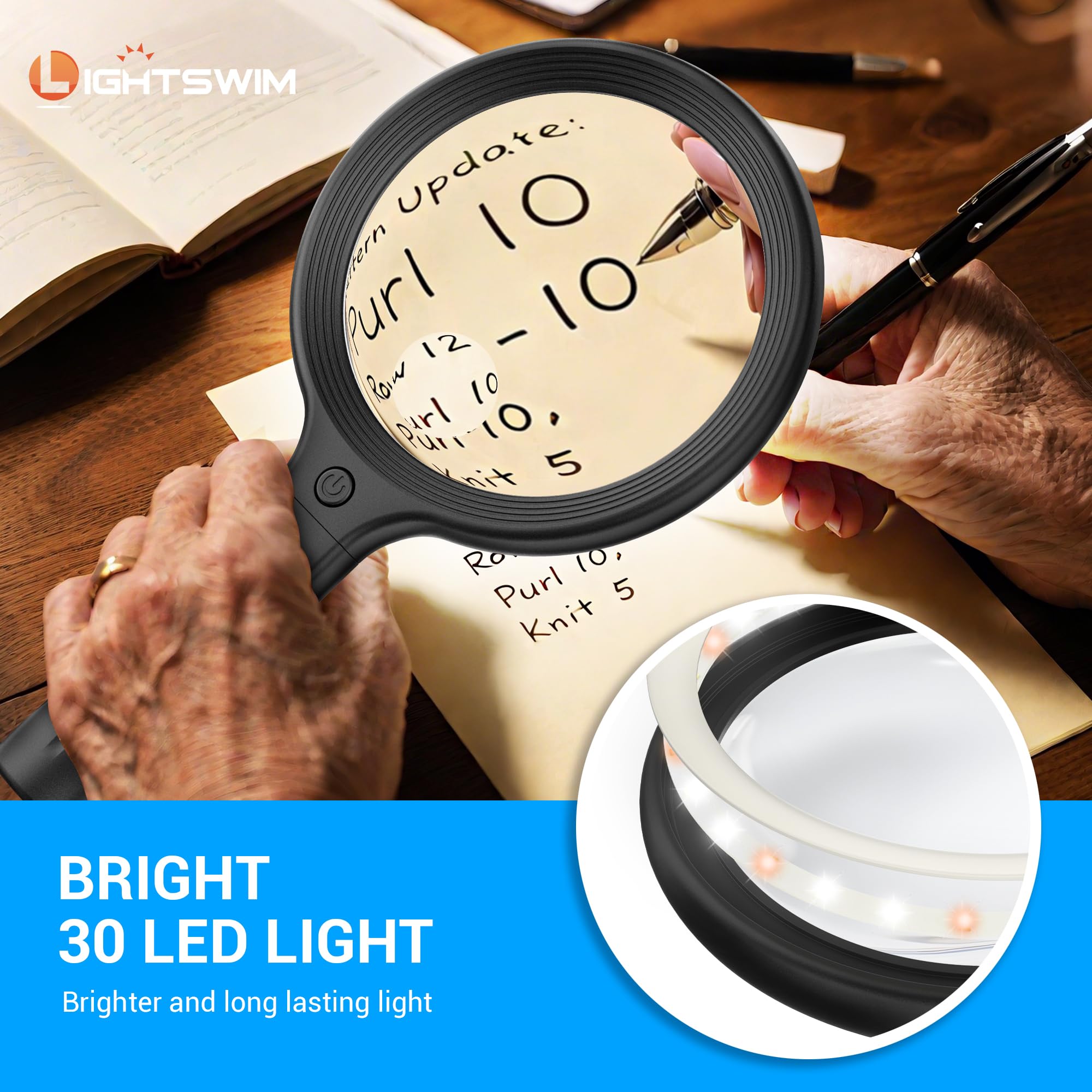 Lightswim usuario leyendo con la lupa iluminada, iluminación ajustable reduce fatiga visual