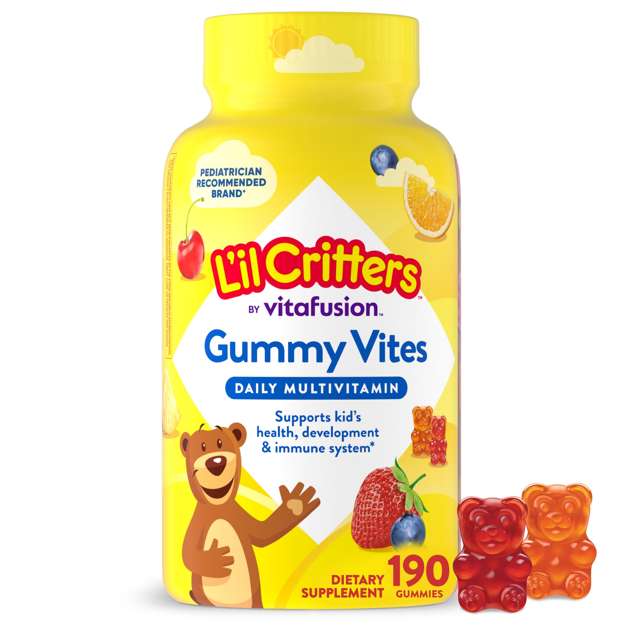 Lil Critters frasco frontal mostrando 190 gomitas y beneficio práctico