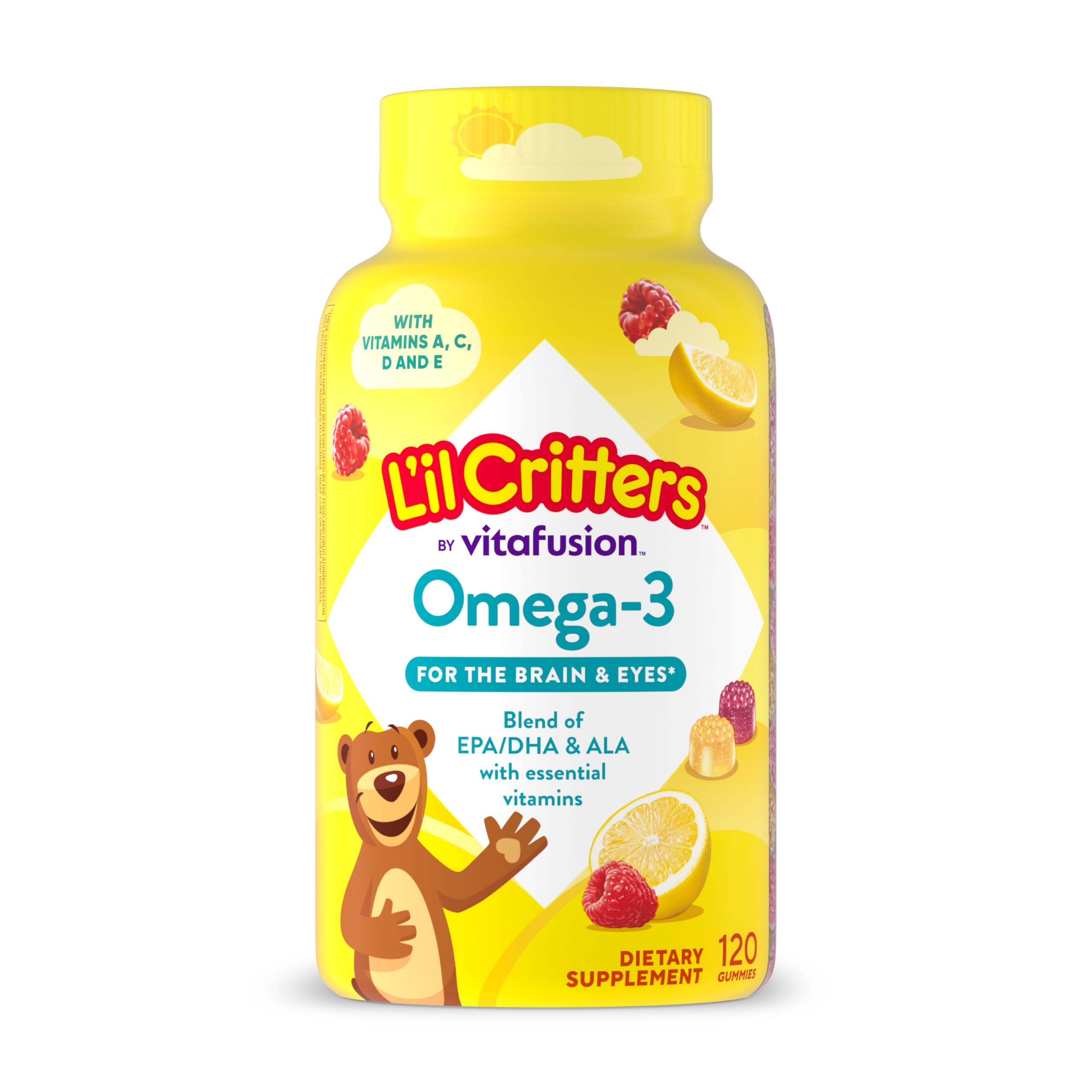 L'il Critters envase frontal mostrando 120 gomitas, fácil identificación del producto