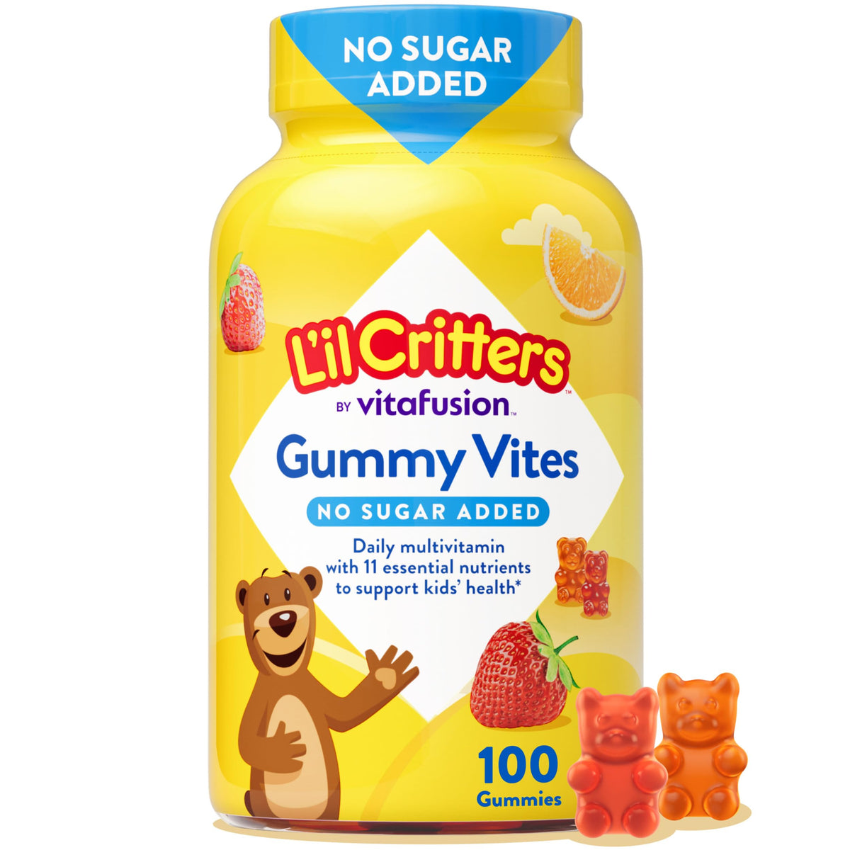L'il Critters envase frontal que muestra 100 gomitas y beneficios