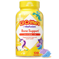 L'il Critters bote frontal mostrando etiqueta y beneficios para huesos