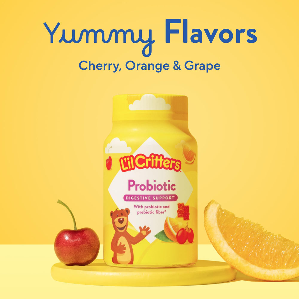 L'il Critters gomitas con frutas que sugiere sabores uva, cereza y naranja