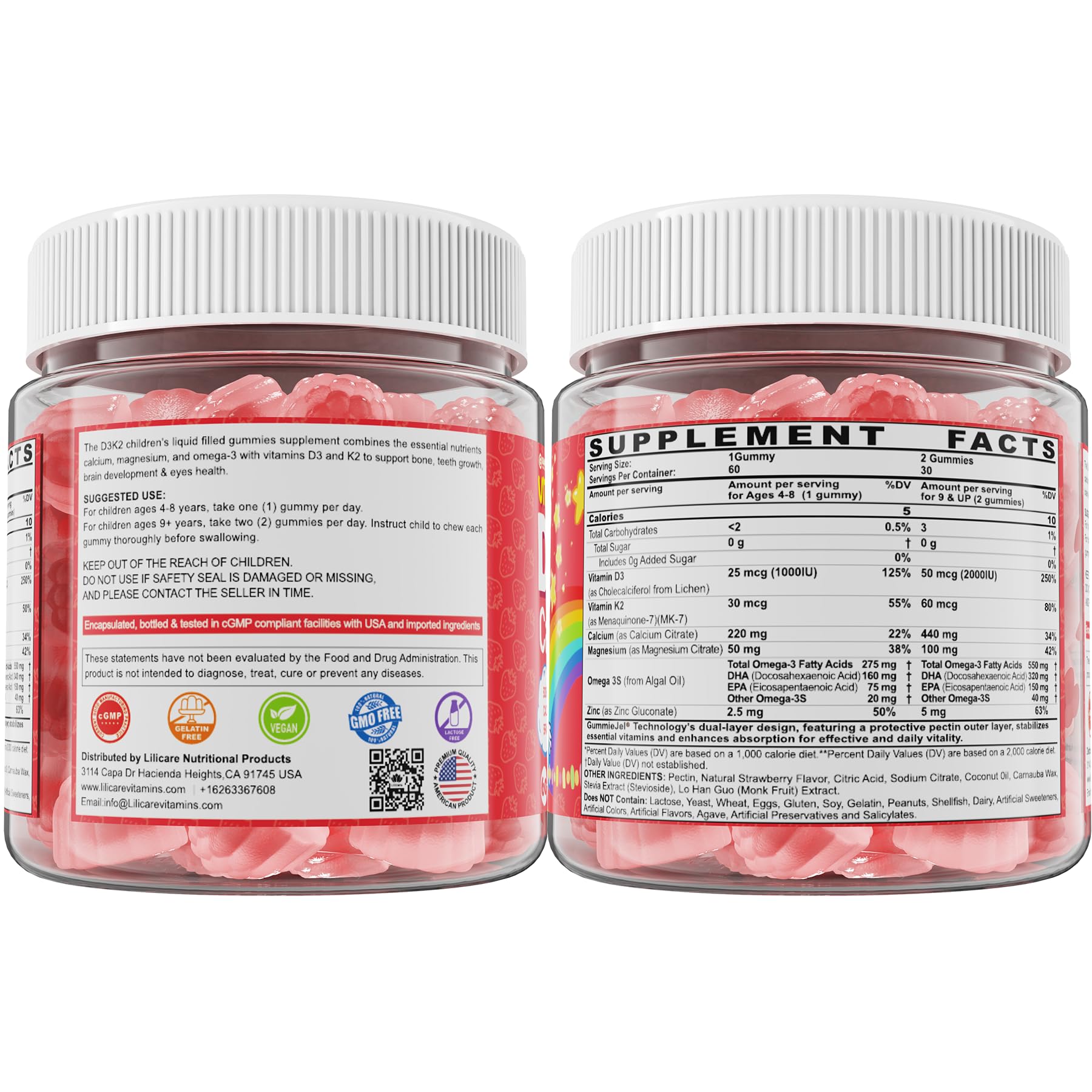 LILICARE tabla nutricional destacando calcio, D3 y K2 por porción