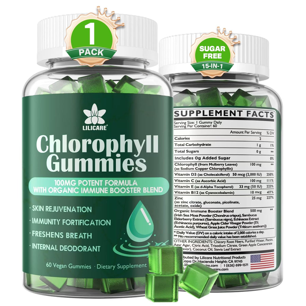 LILICARE envase frontal de Chlorophyll Gummies mostrando beneficios claros