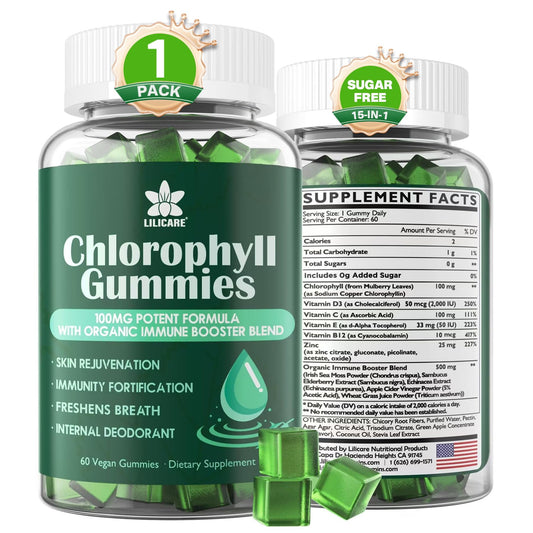 LILICARE envase frontal de Chlorophyll Gummies mostrando beneficios claros