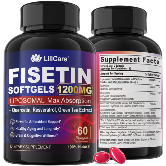LILICARE envase frontal mostrando fisetin liposomal y concentración alta