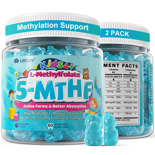 LILICARE envase frontal de gomitas methylfolate, apariencia clara y beneficios visibles